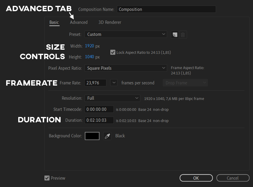 composition settings window