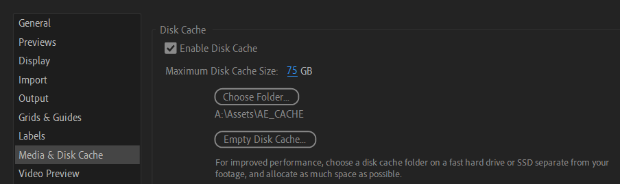 Media &amp; Disk Cache tab