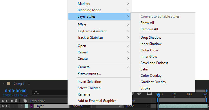 Layer Styles in the layer right-click menu